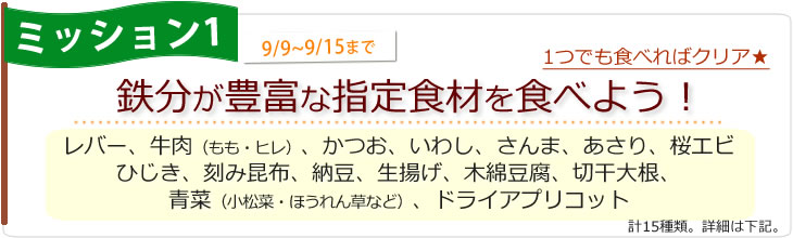 今週のミッション！鉄分の豊富な指定食材を1品とり入れよう！