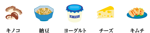 キノコ、納豆、ヨーグルト、チーズ、キムチ